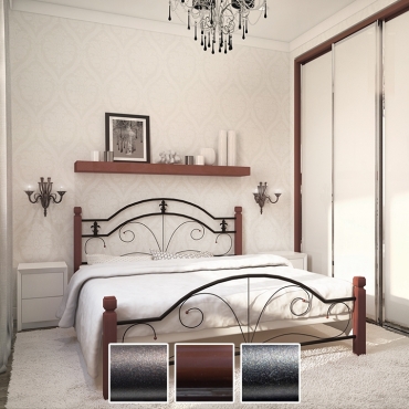 Ліжко Діана на дерев'яних ніжках, чорна мідь/коричневий/чорне золото (Метал-Дизайн)